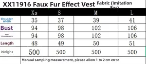Size chart for faux fur vest showing measurements for shoulders, bust, and length in cm