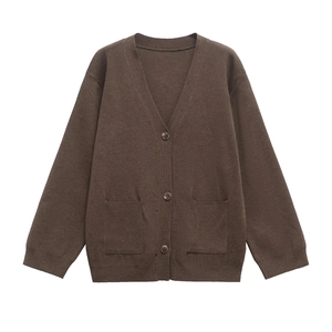 Women Casual V-Neck Knit Cardigan Long Sleeve Button Down Solid Color Sweater With Patch Pockets Loose Fit Ribbed Knitwear