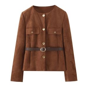 Brown faux suede jacket with gold buttons and waist belt in a detailed flat lay