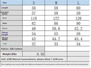 Size chart for women's loose casual jacket with detailed measurements for S, M, L sizes