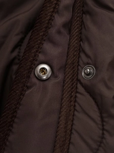 Macro shot of metal snap buttons and corduroy trim on a dark brown quilted jacket