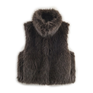 Detailed close-up of dark brown faux fur vest featuring a high collar and plush texture