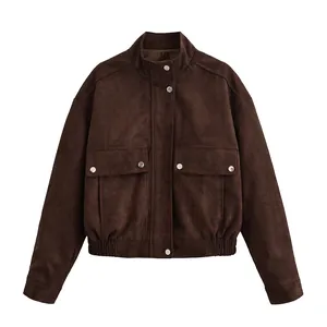 Giacca da Donna in Pelle Scamosciata Sintetica Streetwear Tinta Unita Colletto in Piedi Bottoni a Pressione Metallici Casual