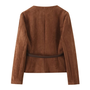 Back view of brown suede jacket showing matte texture and slim leather belt detail
