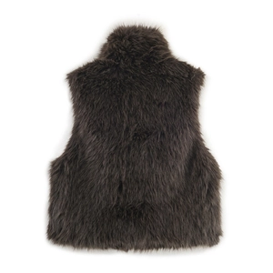 Macro detail of deep brown faux fur vest texture with long fluffy synthetic fibers