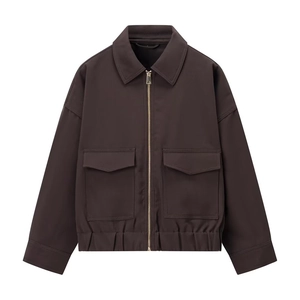 Women's casual chocolate brown zip-up jacket with lapel collar and large flap pockets