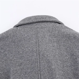 Detailed close-up showing the double-layer collar and wool texture of the grey coat