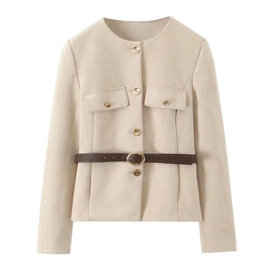 Detail of cream short jacket with gold buttons, faux suede texture, and brown slim leather belt