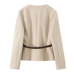 Detail view of the back of a beige suede-textured jacket featuring a brown waist strap