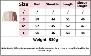 Size chart for women's knit button cardigan with bust and shoulder measurements