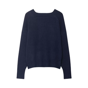 Detail view of navy blue V-neck knit sweater featuring ribbed cuffs and hem textures