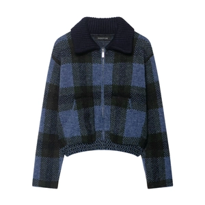 Women Checkered Knit Jacket Zip Up Plaid Sweater Lapel Collar Long Sleeve Casual Vintage Winter Warm Outerwear