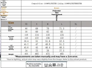 Detailed size chart for brown faux suede shirt jacket with measurements in centimeters