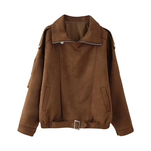 Detail of dark brown faux suede motorcycle jacket with silver zippers and waist belt