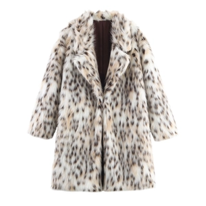 Detail of leopard print faux fur coat showing plush texture and brown silk lining