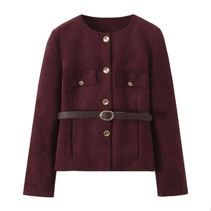 Women's burgundy faux suede jacket with round neck, gold buttons and slim brown belt