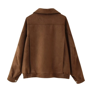Back view of a cropped dark brown faux suede jacket with pleated back detail and elastic hem
