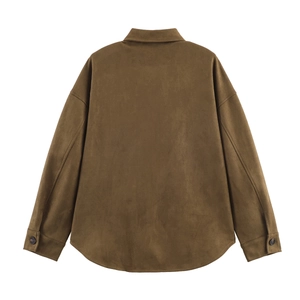 Rear view of brown faux suede shirt jacket featuring curved hem and detailed cuffs