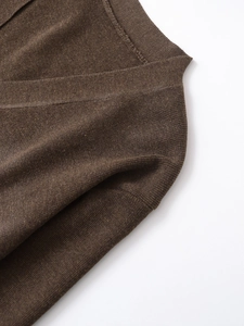 Detail view of smooth knit texture and high-quality stitching on brown V-neck cardigan