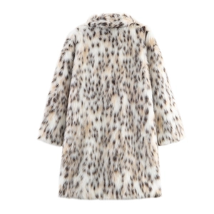 Rear view of long faux fur coat with leopard print and thick plush texture