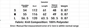 Detaillierte Größentabelle und Maße für diesen Strickpullover mit Polyester-Stoffangaben