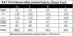 Guide des tailles pour veste réversible en peau lainée avec mesures détaillées en cm