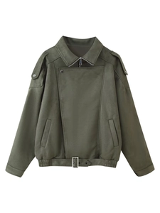 Detail of army green suede biker jacket with metallic hardware and lapel collar