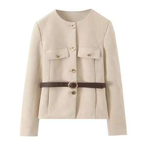 Elegant cream short jacket with gold buttons and brown belt, French chic style