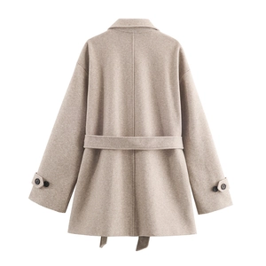 Women's elegant oversized oatmeal wool coat with double collar and waist belt back view