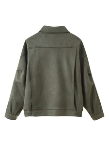 Back view of dark olive faux suede cropped jacket showing collar and pleat details