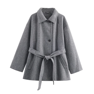 Women's dark grey wool blend coat with double collar lapels and waist tie belt