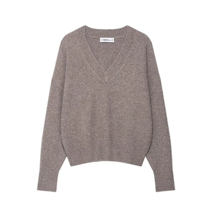 Women's V-neck knit sweater in oatmeal brown with ribbed cuffs and drop shoulder style