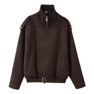 Detail of dark brown utility jacket showing stand-up collar and waist belt with metal buckle