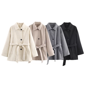 Women's double-layered collar short wool coat with waist belt and black buttons