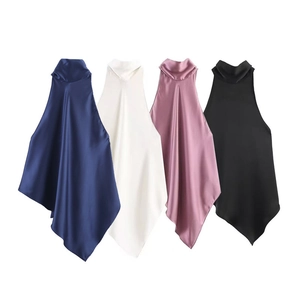 Haut Dos Nu en Satin Sexy pour Femmes Dos Nu Ourlet Irrégulier Sans Manches Couleur Unie Streetwear Fête Clubwear Gilet de Mode d'Été