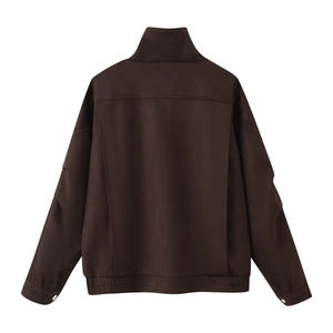 Back view detail of brown standing collar jacket with vertical stitching and elastic hem
