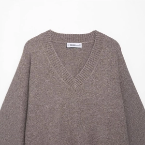 Women's autumn V-neck knit sweater in camel brown, loose casual drop shoulder design