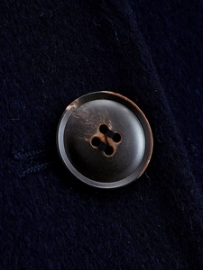 Macro detail of navy wool jacket showing a textured brown four-hole button and fabric