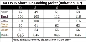 Guide des tailles pour manteau court en fausse fourrure avec mesures détaillées du vêtement