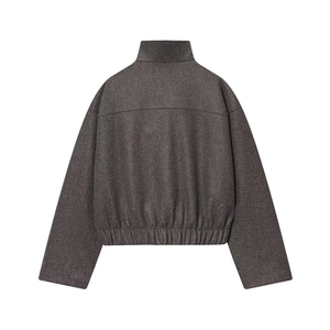 Casual charcoal grey high-collar jacket with drop shoulder and elastic hem for women