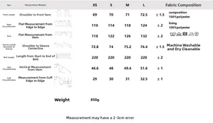 Detailed size chart for women casual trench coat with XS-L measurements and washing guide