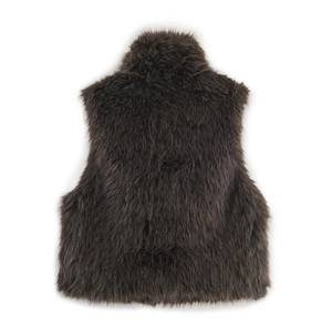 Back view of a luxury faux fur vest with high neck and fluffy long hair texture in dark brown