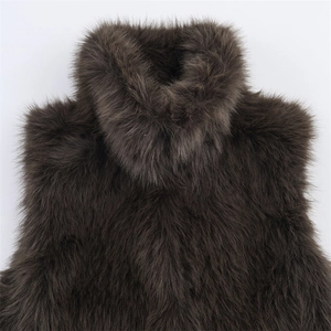 Elegant dark brown faux fur vest with a high stand collar and plush textured finish
