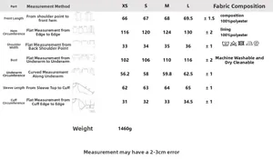 Detailed size chart for faux fur coat showing XS to L measurements in centimeters