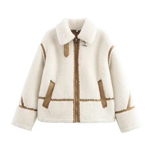 Veste Décontractée en Fausse Mouton Retourné pour Femme Hiver Chaud Patchwork Bordure en Suède Manteau Bomber Streetwear