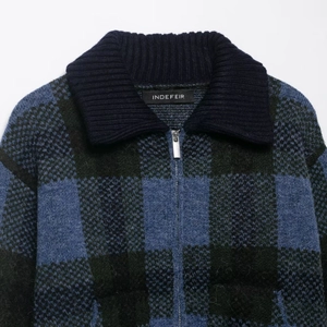 Men's navy plaid knit cardigan jacket with a ribbed stand collar and metal zipper