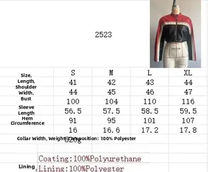 Detailed size chart and fabric composition for short PU leather motorcycle jacket
