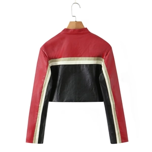 Rear view of cropped faux leather jacket featuring red and black color-block panels