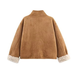 Back view of a tan suede jacket featuring high collar and white faux fur cuffs detail
