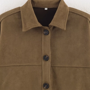 Brown suede-texture lapel jacket shirt with dark tortoiseshell buttons in vintage style